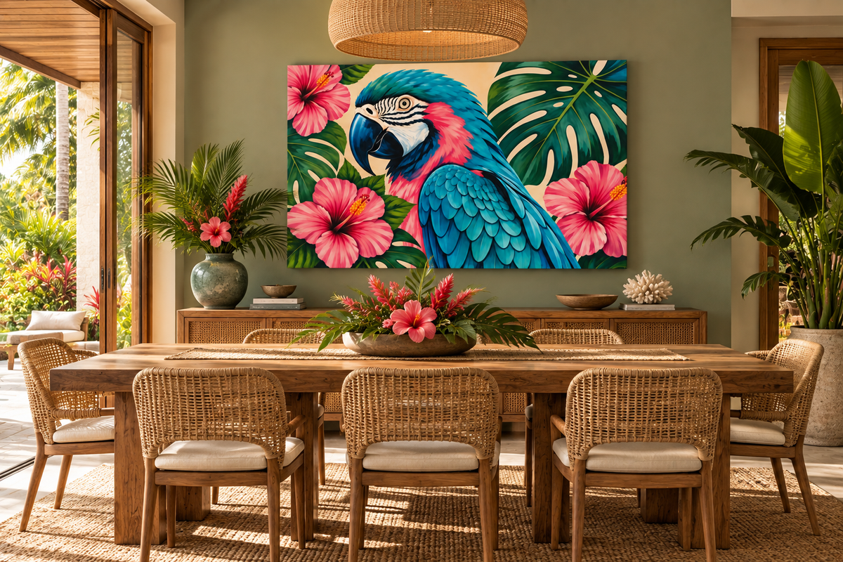 A large rectangular wall art print depicting a bright blue parrot with pink and coral feathers, surrounded by green tropical leaves and pink hibiscus flowers, displayed above a wooden dining table in a styled interior room.