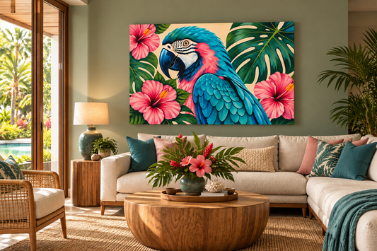 A large rectangular wall art print showing a colorful parrot with pink hibiscus flowers and green tropical leaves, displayed above a cream sectional sofa in a styled living room.