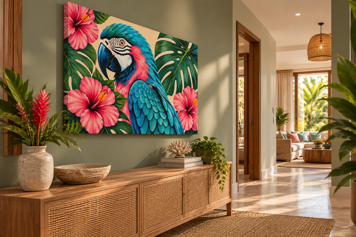 A large rectangular canvas wall art print featuring a colorful parrot among pink hibiscus flowers and green tropical leaves, displayed on a sage green wall above a wooden console in a styled living room interior.