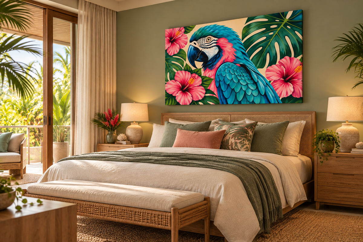A large rectangular wall art print featuring a colorful parrot and tropical flowers hangs above a neatly made bed in a styled bedroom. The artwork is the product being shown, but because it is displayed within a real interior environment, this fits Lifestyle rather than Scenery or Product/Packaging.