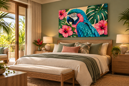 A large rectangular wall art print featuring a colorful parrot and tropical flowers hangs above a neatly made bed in a styled bedroom. The artwork is the product being shown, but because it is displayed within a real interior environment, this fits Lifestyle rather than Scenery or Product/Packaging.