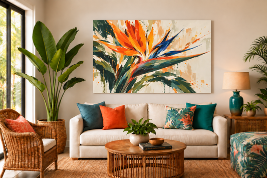A large square canvas wall art print featuring a vibrant tropical bird of paradise flower in orange, blue, and green on an off-white background, styled in a modern boho living room above a white sofa with colorful pillows.