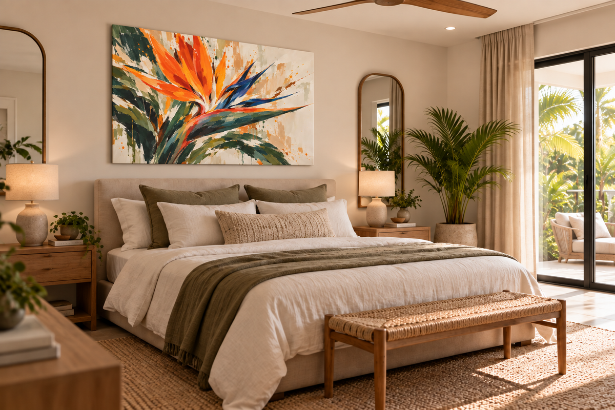 A styled bedroom interior with a large colorful abstract floral painting above the bed, cream bedding, wood furniture, plants, and a glass door leading to a tropical outdoor view.