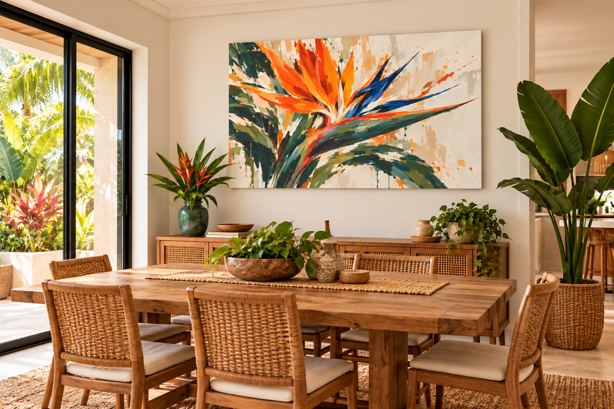 A large rectangular canvas wall art print featuring a vibrant tropical bird of paradise flower in orange, blue, and green on an off-white background, displayed in a modern dining room setting above a wooden dining table and chairs.