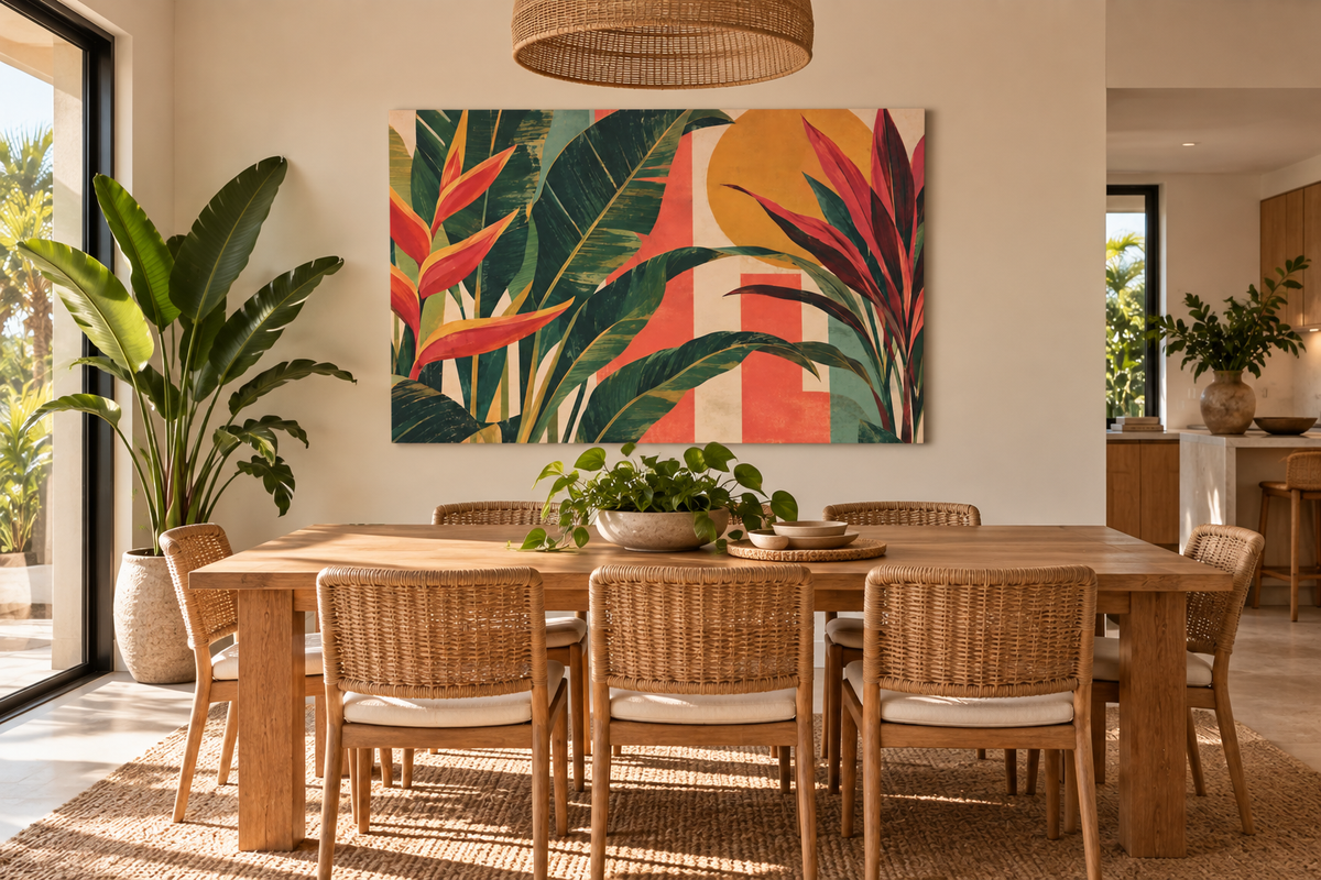 A large rectangular wall art print featuring bold tropical floral and leaf artwork in green, coral, orange, and red, displayed above a wooden dining table with woven chairs in a bright modern dining room.