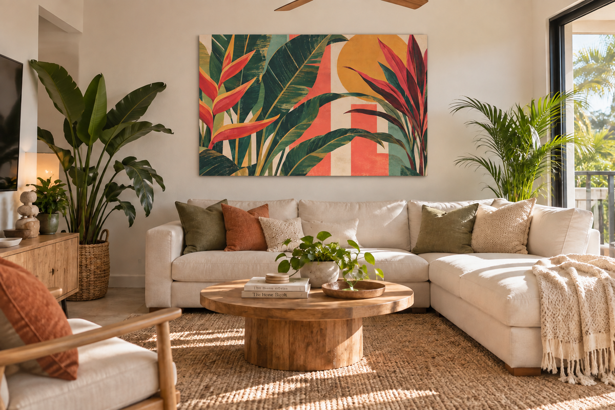 A large square canvas wall art print featuring a tropical leaf pattern in green, coral, orange, and cream, displayed above a white sectional sofa in a bright, modern living room.