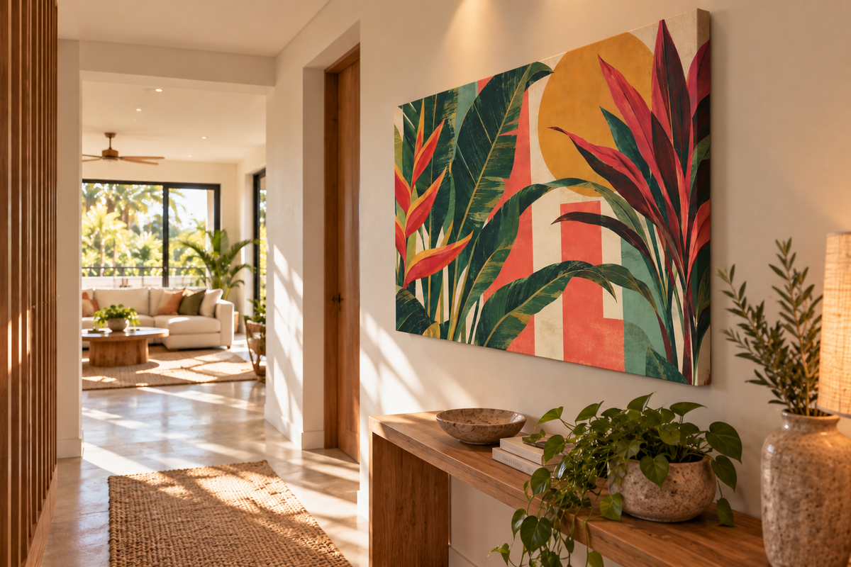 A large vertical canvas wall art print featuring a tropical leaf design with a yellow sun and coral blocks, displayed on a beige wall in a modern, sunlit home hallway next to a wooden console table with plants.
