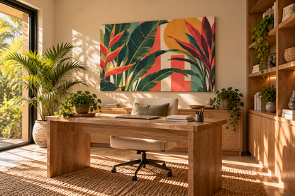 A large rectangular wall art piece with bold tropical leaves and a sun motif hangs above a wooden desk in a sunlit home office. The room includes a wood chair, plants, shelving, and a woven rug.