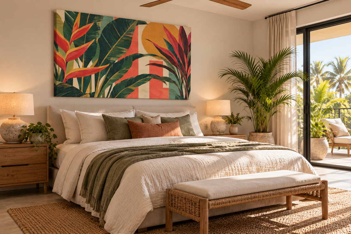 A tropical botanical wall art canvas print hanging above a bed in a modern, sunlit bedroom. The artwork features large green palm and banana leaves with bold red, orange, and yellow accents.