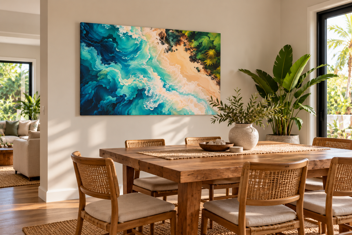 A large abstract canvas wall art print featuring swirling teal, blue, green, and sandy beige waves, displayed in a modern dining room setting above a wooden dining table and chairs.