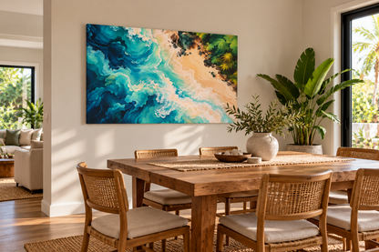 A large abstract canvas wall art print featuring swirling teal, blue, green, and sandy beige waves, displayed in a modern dining room setting above a wooden dining table and chairs.
