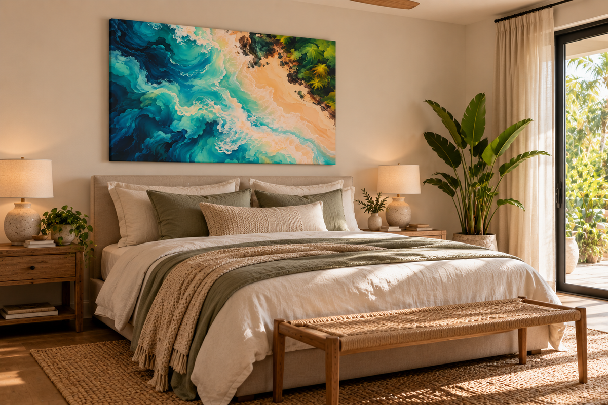 A large rectangular abstract wall art print hangs above a neatly made bed in a bright, modern bedroom. The artwork features swirling ocean-like waves in teal, blue, green, and sandy beige tones.