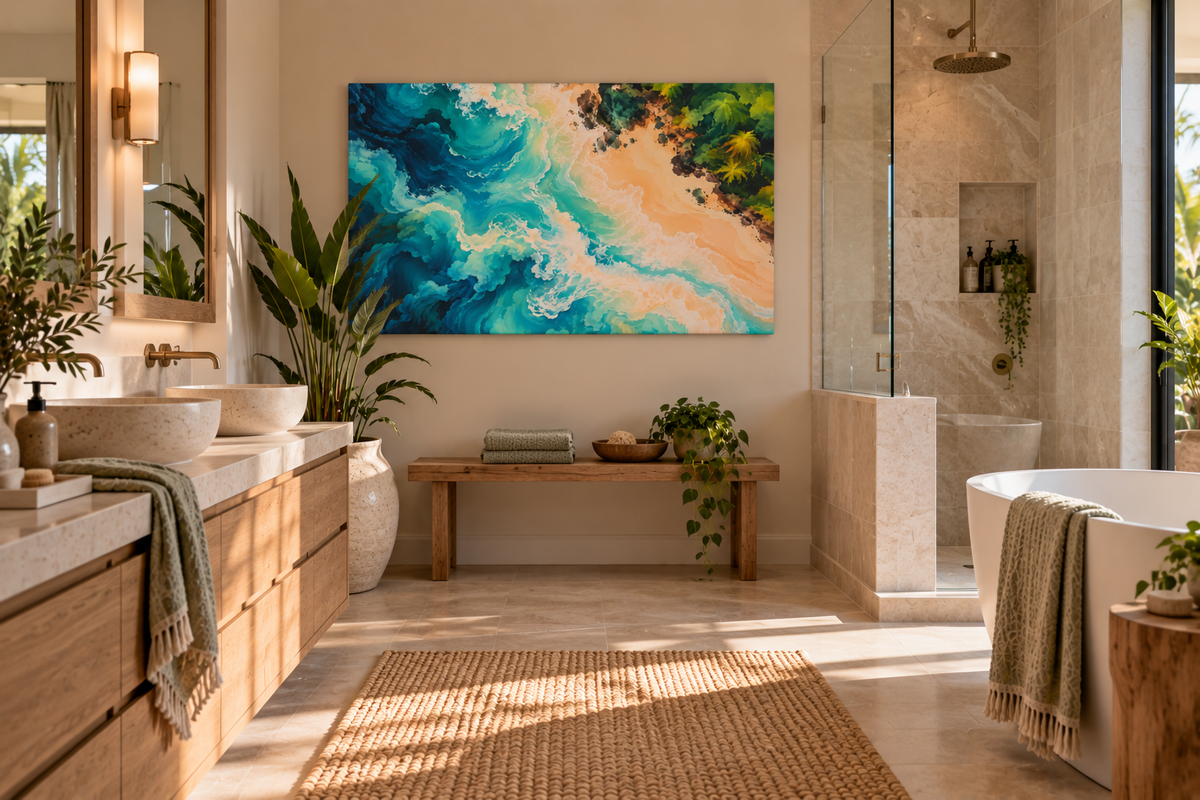 A large square abstract wall art print featuring swirling teal, blue, white, and sandy beige tones, displayed in a bright modern bathroom above a wooden bench.