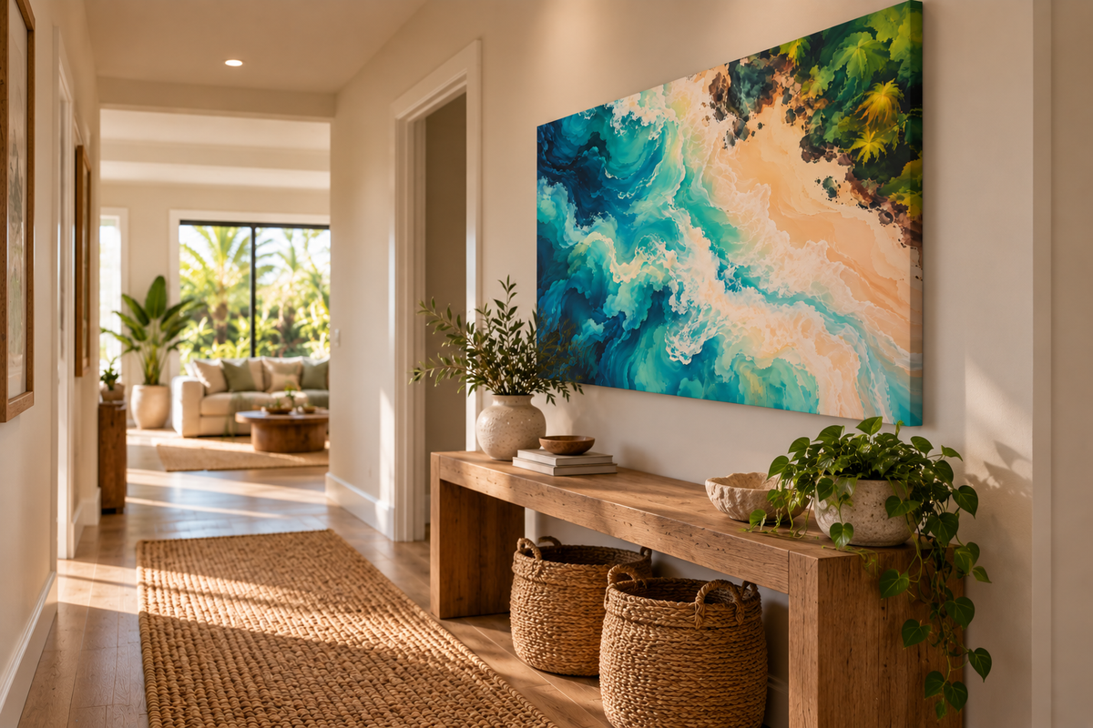 A large abstract canvas print with swirling blue, teal, green, and beige ocean-like waves hangs on a beige wall in a bright, modern hallway. Below the canvas is a rustic wooden console table with woven baskets and potted plants.