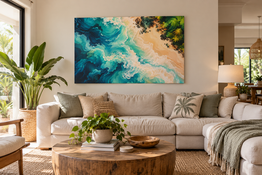 A large square abstract wall art print depicting turquoise, teal, white, and sandy beige ocean waves, displayed above a light beige sectional sofa in a bright, modern living room.