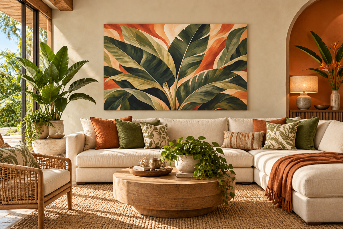 A large rectangular wall art print featuring oversized tropical banana leaves in green, orange, and cream, displayed above a beige sectional sofa in a styled living room.