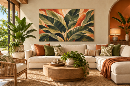 A large rectangular wall art print featuring oversized tropical banana leaves in green, orange, and cream, displayed above a beige sectional sofa in a styled living room.