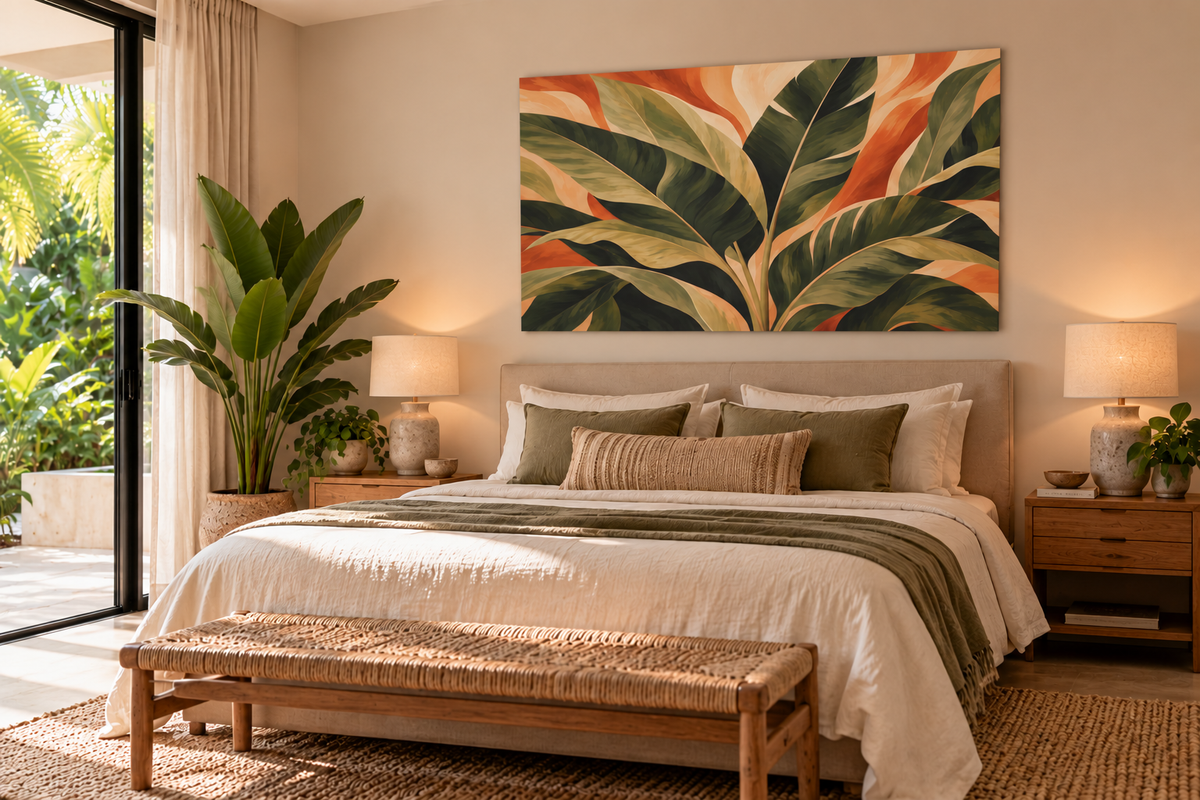 A styled bedroom interior with a bed dressed in cream bedding and green pillows, flanked by matching nightstands and lamps, with a large tropical leaf artwork hanging above the headboard.