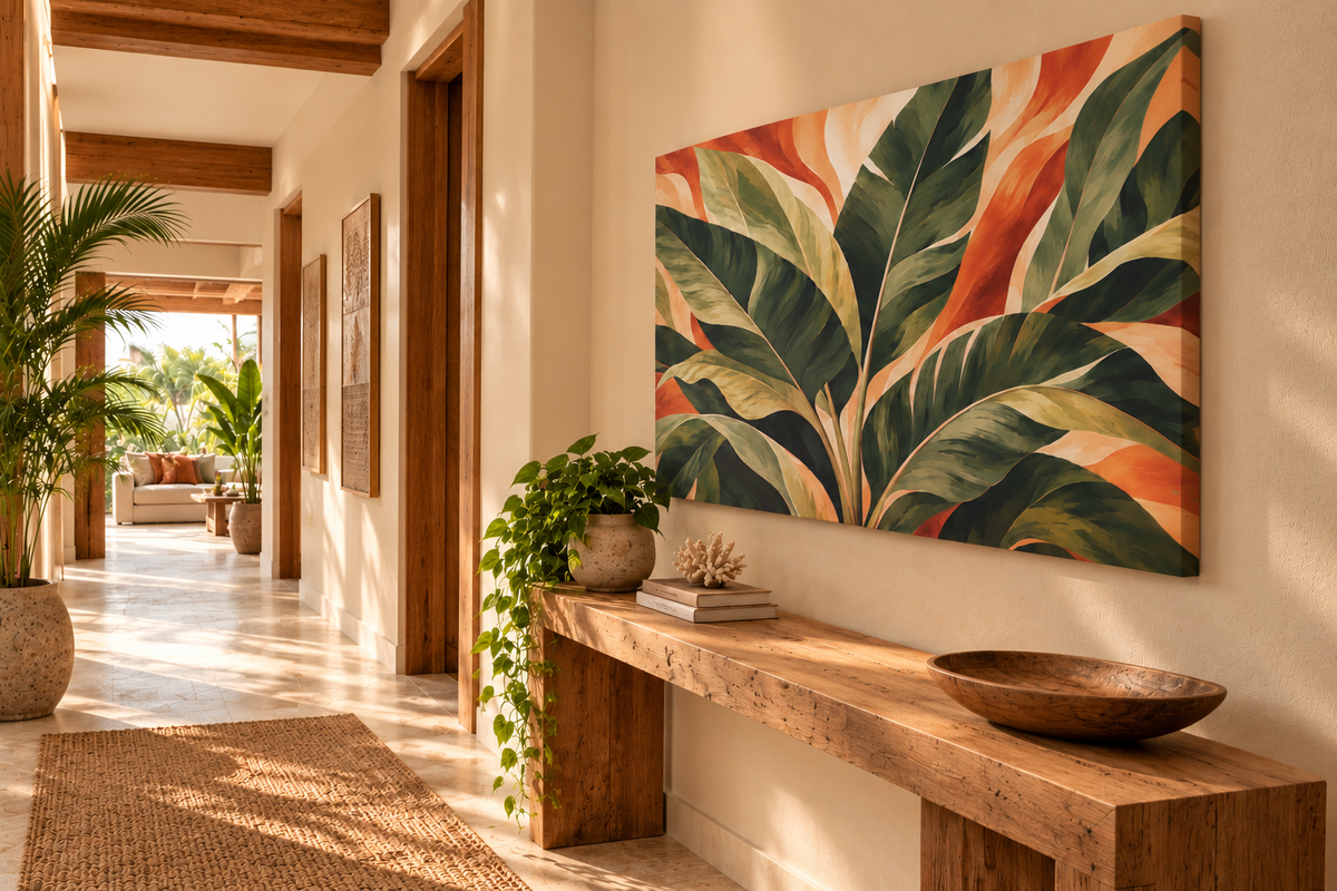 A large rectangular canvas wall art print featuring bold tropical banana leaf leaves in shades of green, orange, and cream, displayed on a beige wall above a rustic wooden console table in a sunlit hallway.