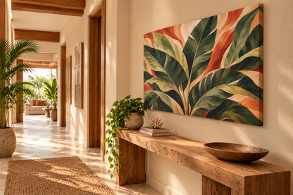 A large rectangular canvas wall art print featuring bold tropical banana leaf leaves in shades of green, orange, and cream, displayed on a beige wall above a rustic wooden console table in a sunlit hallway.