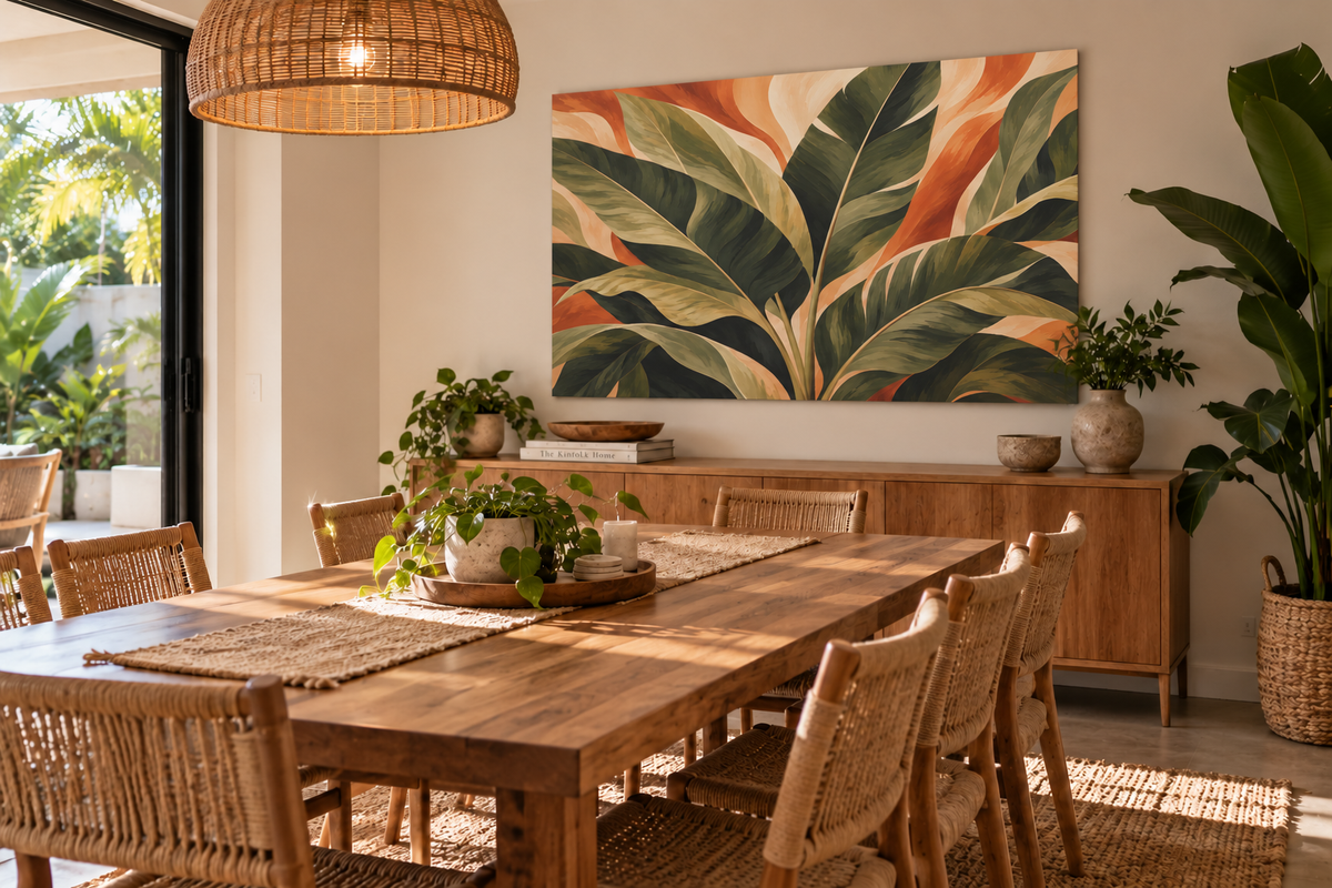A large rectangular wall art print featuring oversized tropical banana leaves in green, beige, and rust orange, displayed in a bright, modern dining room above a wooden sideboard.