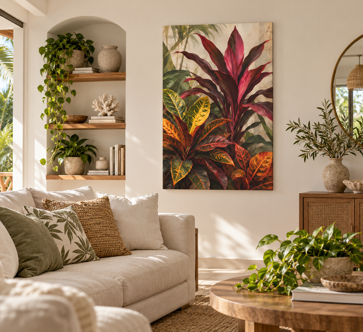 A vertical canvas wall art print featuring a tropical plant with deep red, burgundy, and yellow-green leaves, displayed in a bright, modern living room setting above a beige sofa.