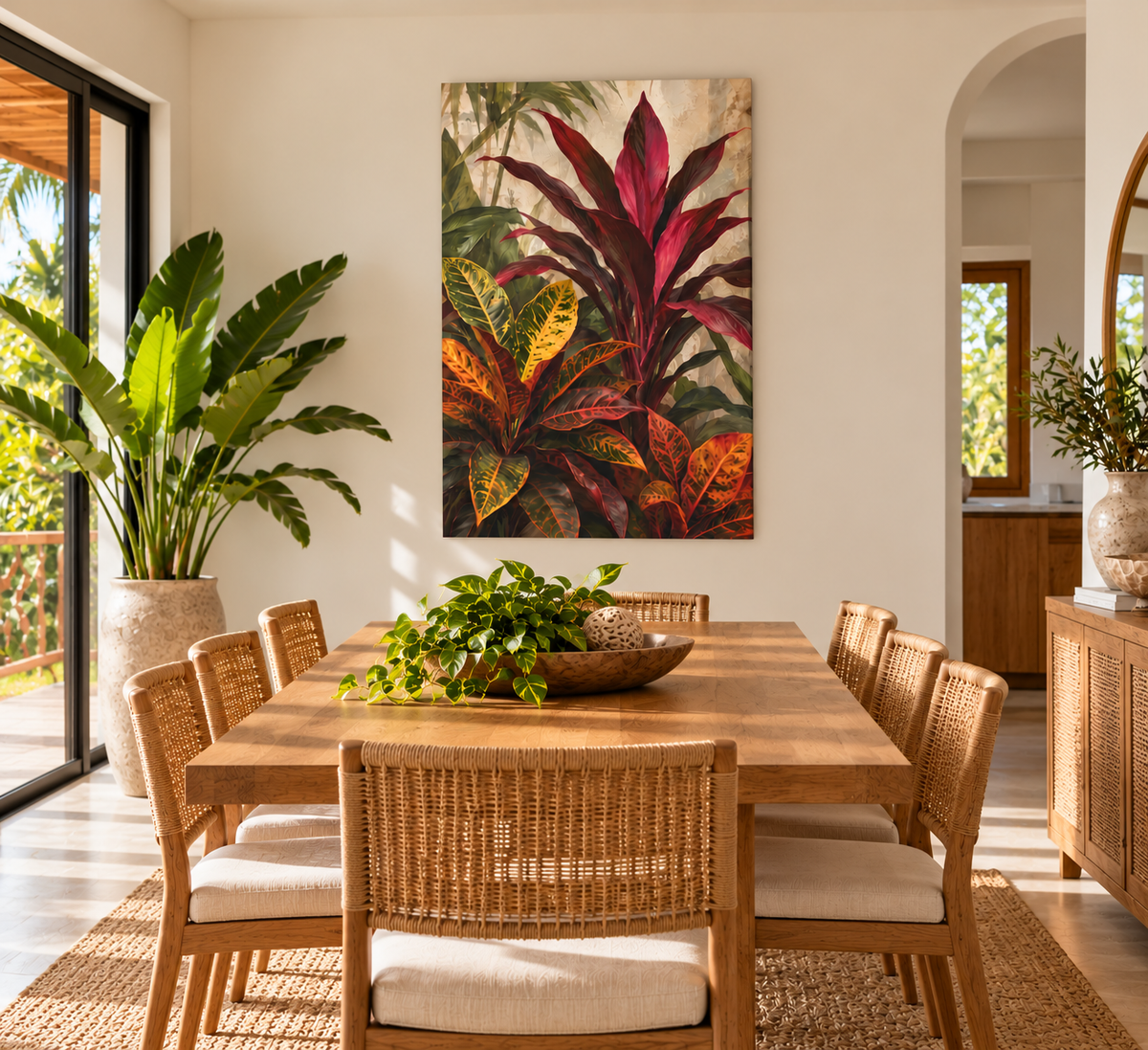 A large vertical canvas wall art print featuring a tropical plant arrangement in deep red, burgundy, green, and gold tones, displayed above a wooden dining table in a bright, modern dining room.