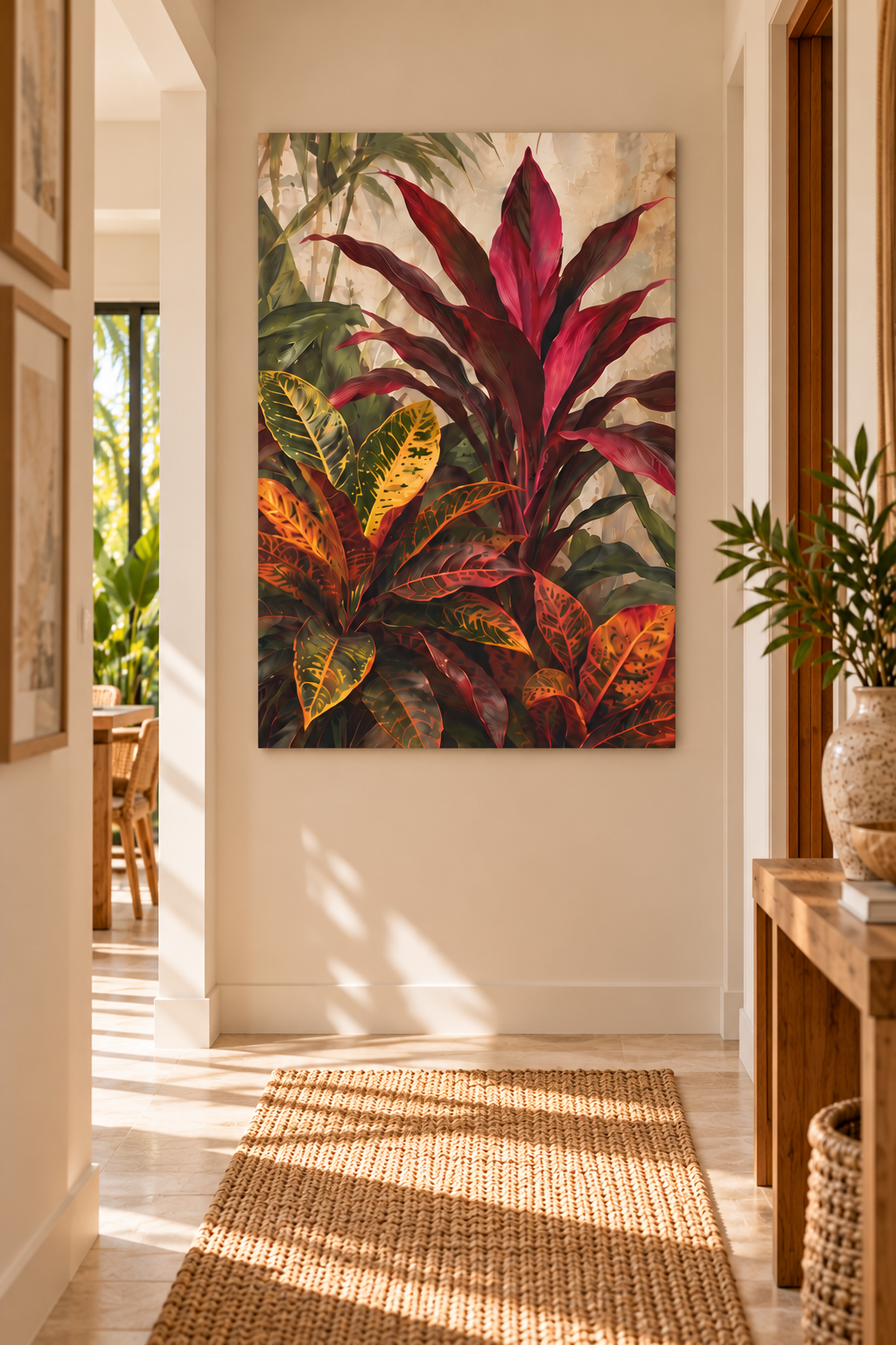 A vertical canvas wall art print featuring a tropical plant arrangement with deep burgundy, red, green, and yellow leaves, displayed in a warm, sunlit hallway with a woven rug.
