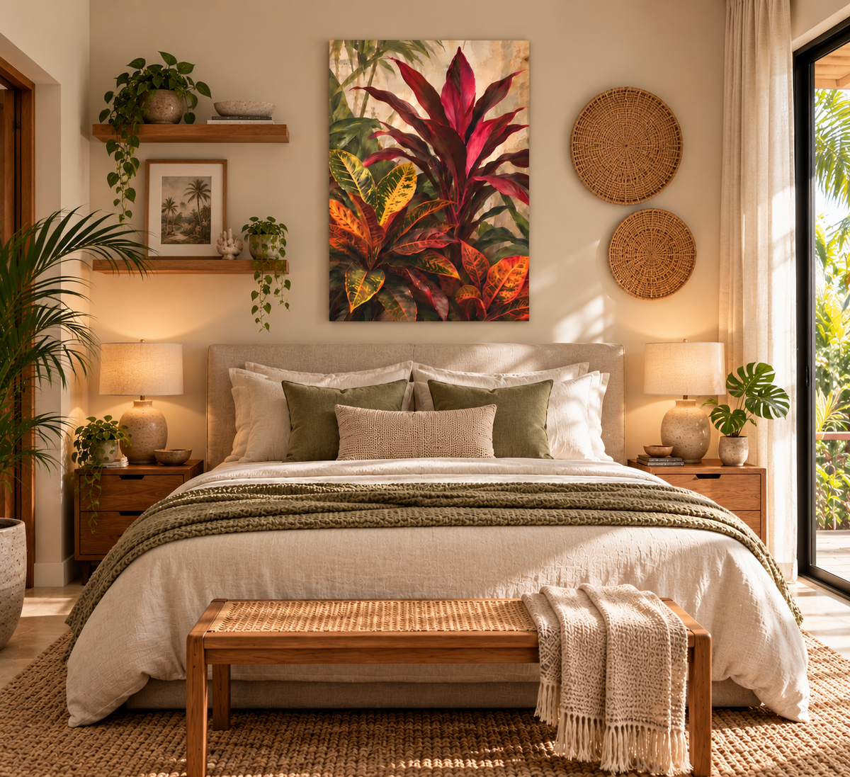 A tropical floral wall art print featuring vibrant red, green, and yellow leaves, displayed in a beautifully styled bedroom above a neatly made bed with neutral-toned bedding and a wooden bench.