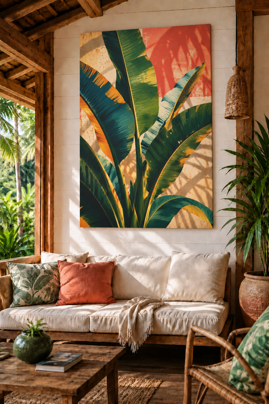 A large rectangular wall art print featuring oversized tropical banana leaves in green, teal, and orange against a warm cream and coral background, displayed above a cushioned sofa in a rustic indoor porch setting.
