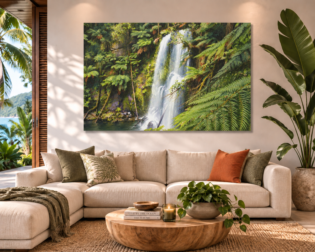A large rectangular wall art print showing a lush tropical waterfall scene, displayed above a beige sectional sofa in a modern living room with plants and a round wooden coffee table.