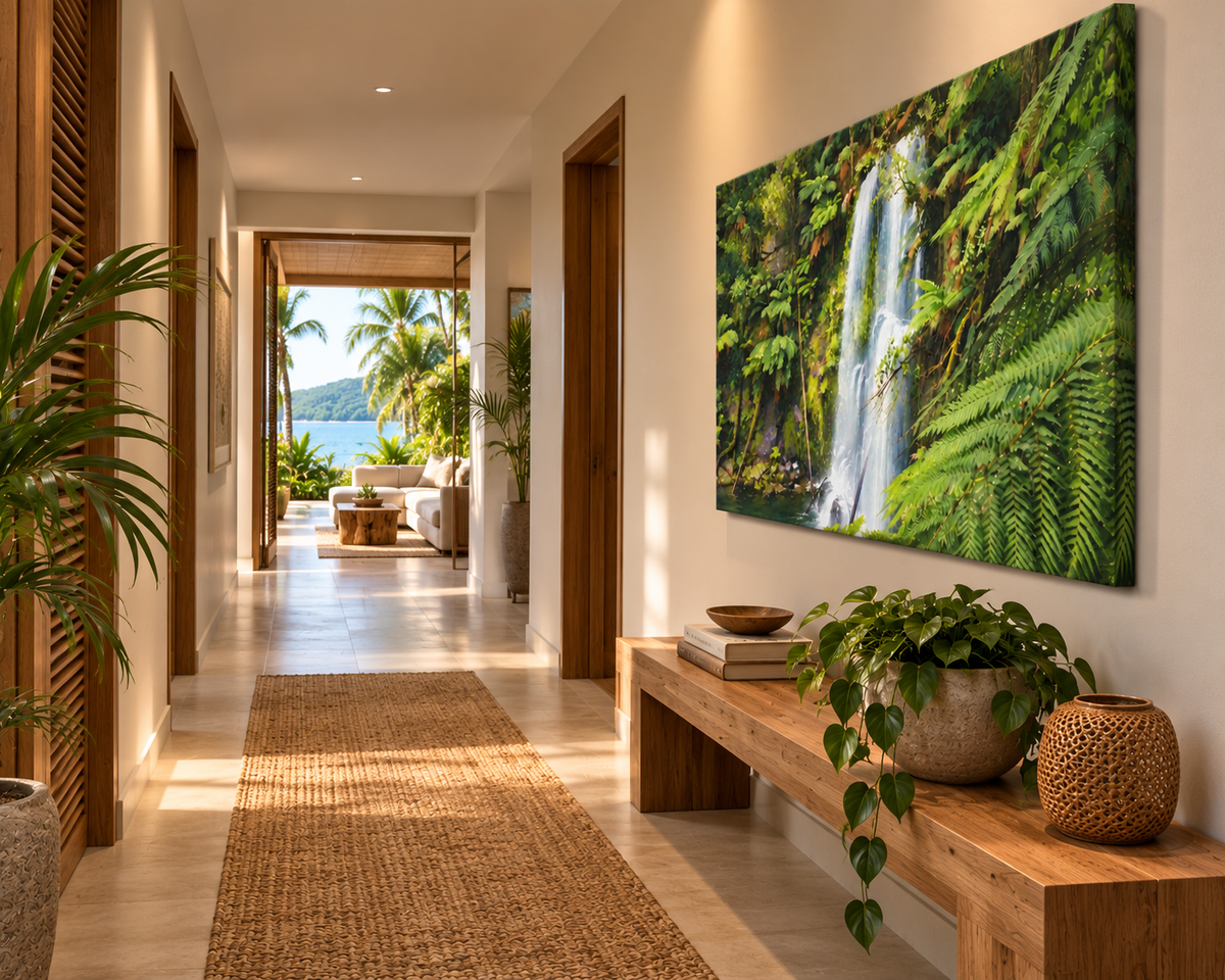 A large rectangular wall art print depicting a lush green waterfall and fern forest, displayed in a modern, sunlit hallway with a wooden bench, potted plants, and an open doorway leading to a tropical ocean view.