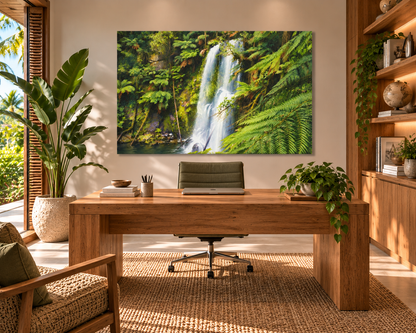 A large rectangular wall art print depicting a lush green waterfall scene, displayed above a wooden desk in a styled home office interior with plants, shelving, and a chair.