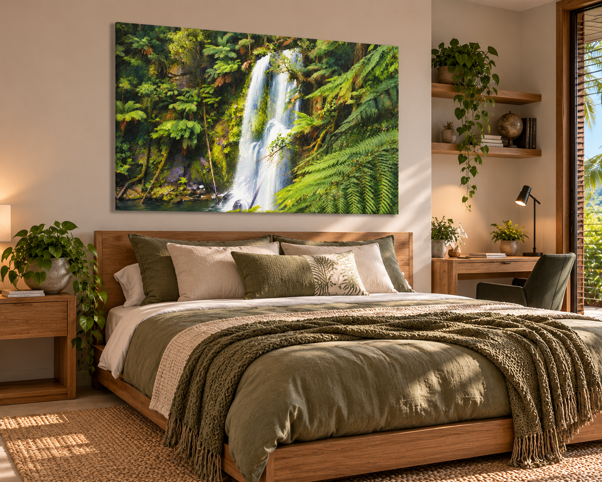 A large rectangular wall art print depicting a lush green waterfall in a tropical forest, displayed above a wooden bed in a styled bedroom setting.