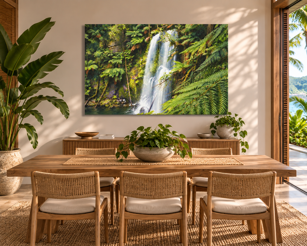 A large rectangular wall art print depicting a lush green tropical waterfall scene, displayed in a modern dining room setting above a wooden dining table and chairs.