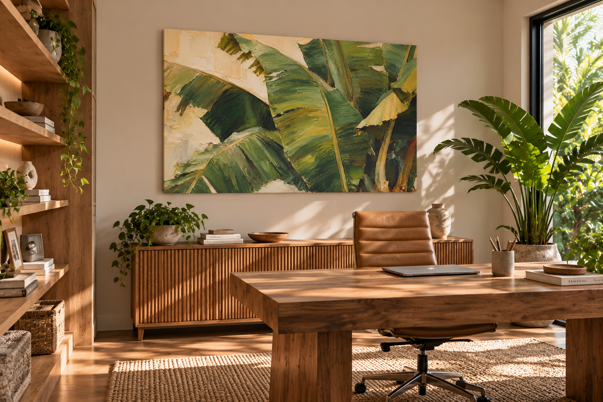 A large rectangular wall art print featuring green banana leaves on a cream background, displayed in a modern, sunlit home office with a wooden desk, chair, and potted plants.