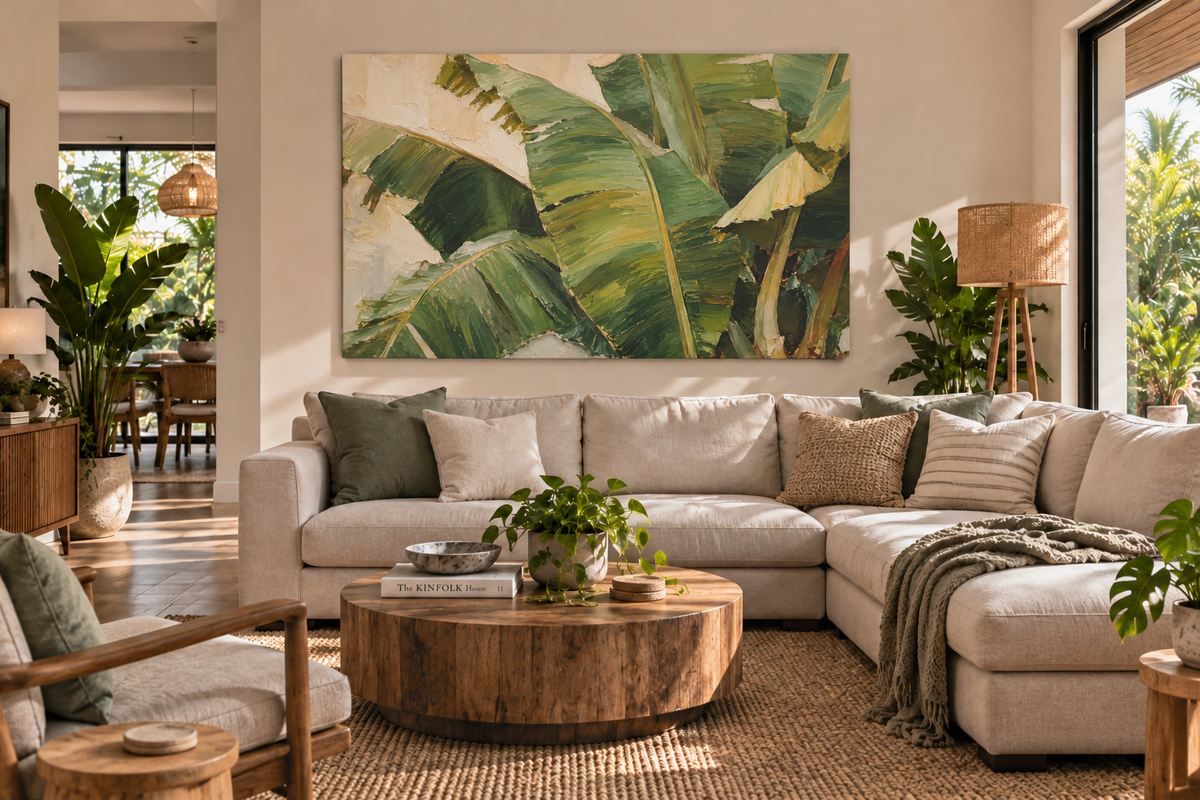 A large rectangular wall art piece featuring oversized green tropical banana leaves, displayed above a light beige sectional sofa in a bright, modern living room with a wood coffee table and plants.