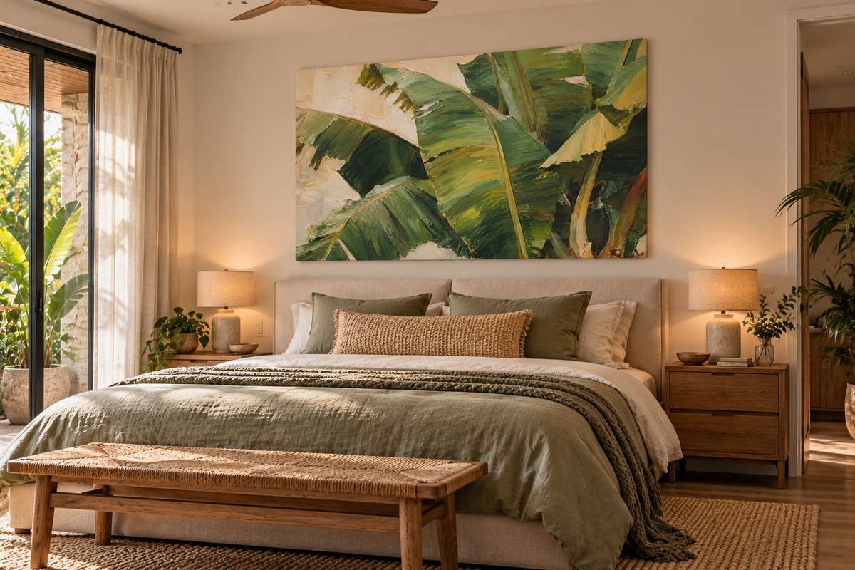A large rectangular wall art print featuring green tropical banana leaves, displayed above a neatly made bed in a warm, modern bedroom setting.