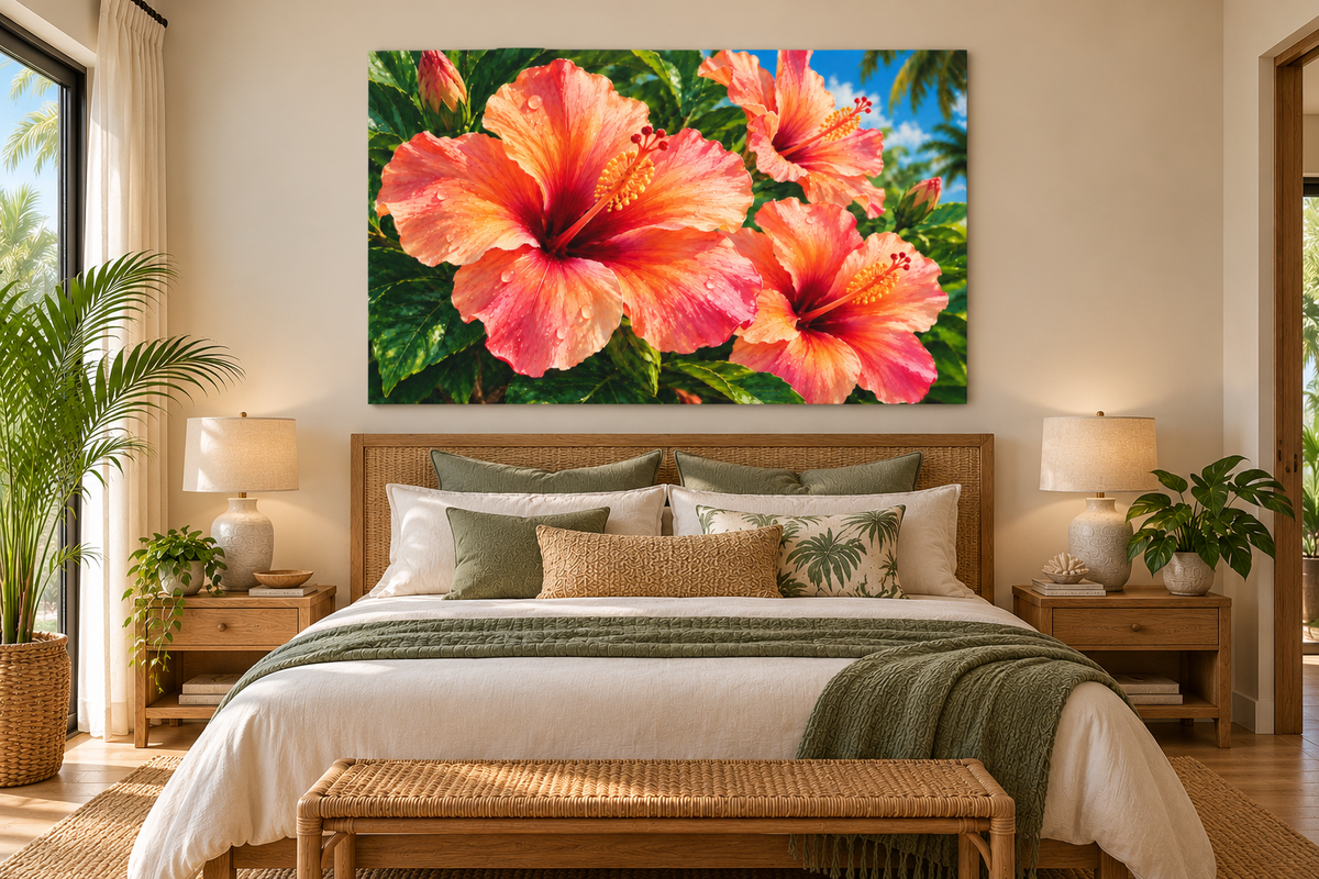 A large rectangular wall art print showing oversized pink and orange hibiscus flowers with green leaves and blue sky, displayed above a neatly made bed in a warm, modern bedroom.