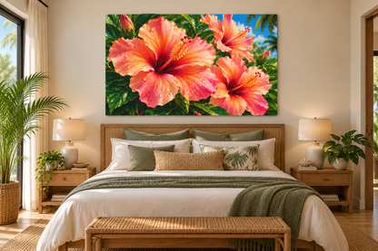 A large rectangular wall art print showing oversized pink and orange hibiscus flowers with green leaves and blue sky, displayed above a neatly made bed in a warm, modern bedroom.