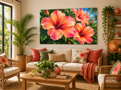 A large rectangular wall art print showing oversized pink and orange hibiscus flowers with green leaves and blue sky, displayed above a beige sofa in a styled living room with plants, rattan furniture, and tropical decor.
