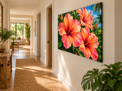 A large rectangular wall art print showing bright pink and orange hibiscus flowers with green leaves and blue sky, displayed on a white wall in a sunlit hallway with wood floors and plants.