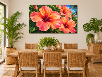 A large rectangular wall art print showing bright pink and orange hibiscus flowers with green leaves and blue sky, displayed above a wooden dining table with woven chairs in a styled dining room.