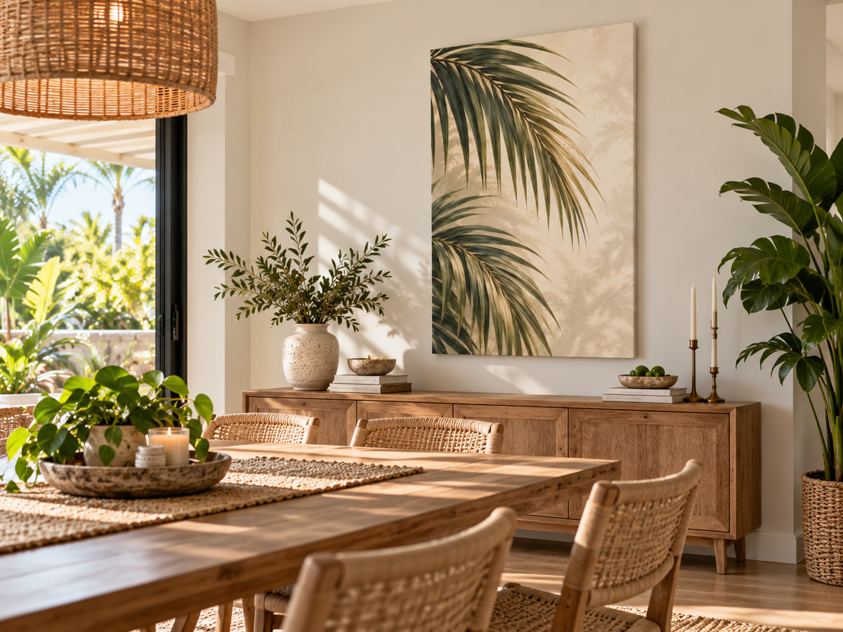 A large vertical canvas print featuring a tropical palm leaf pattern in green on a warm beige background, styled in a bright, modern dining room above a wooden sideboard.