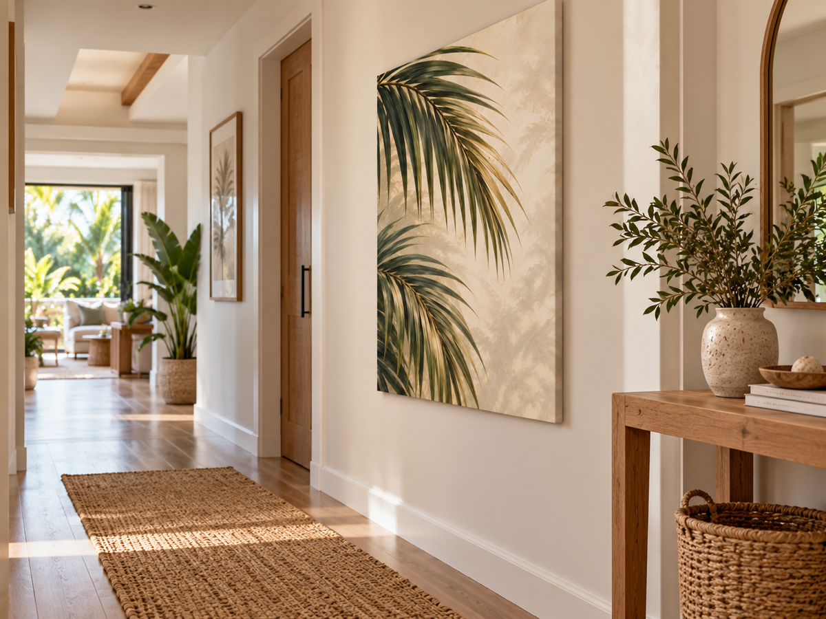A large vertical canvas wall art print featuring green palm leaves on a warm cream background, displayed in a bright, modern hallway with hardwood floors, a woven runner rug, and a wooden console table.