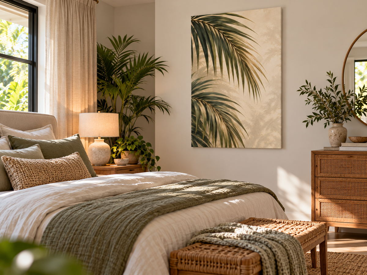 A large vertical canvas wall art print featuring green palm leaves on a warm cream background, styled in a bright, modern bedroom above a bed with neutral-toned bedding and a wicker bench.
