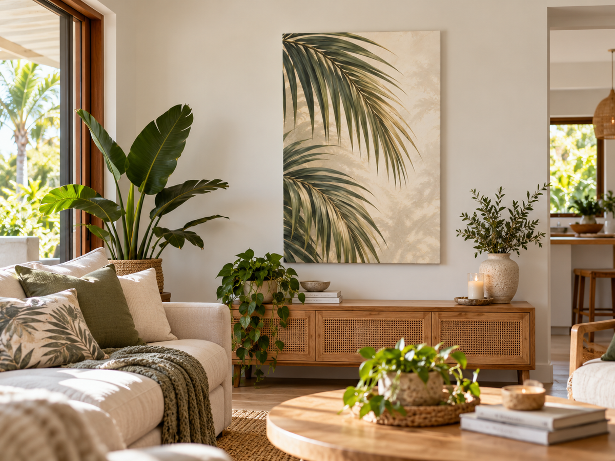 A large vertical canvas wall art print featuring green palm leaves on a warm beige background, styled in a bright, modern living room above a wooden console table.