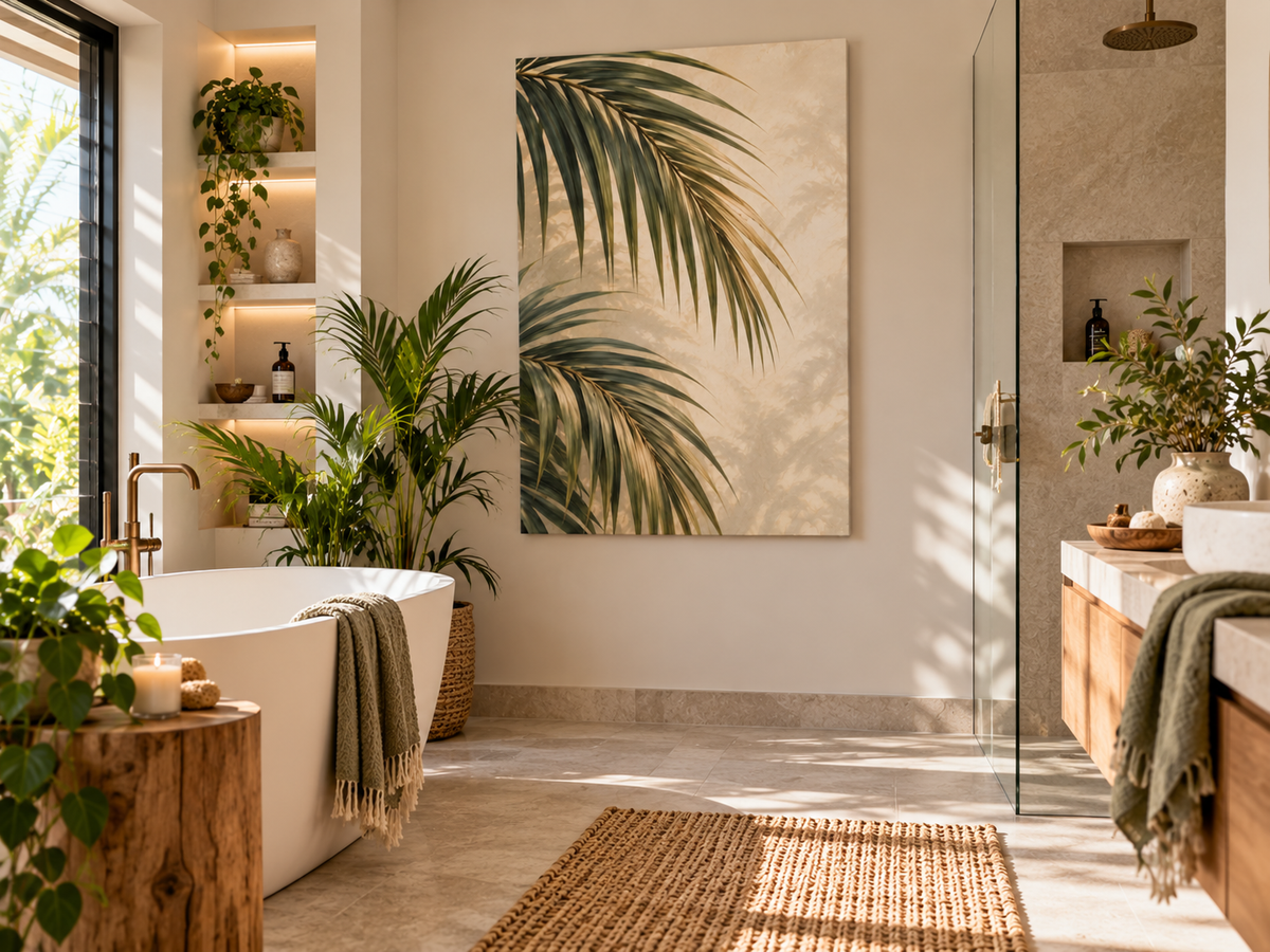 A large vertical canvas print featuring green palm leaves on a warm beige background, styled in a bright, modern bathroom next to a freestanding bathtub and glass shower enclosure.