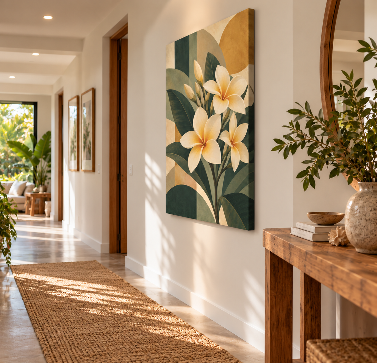 A vertical canvas wall art print featuring cream plumeria flowers and green leaves on a beige and dark green abstract background, displayed in a bright, modern hallway next to a wooden console table.