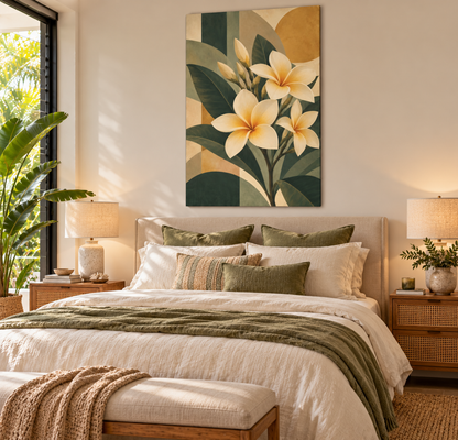 A styled bedroom interior with a bed dressed in cream bedding and green pillows, beneath a large wall art print featuring white plumeria flowers and green leaves on an abstract geometric background.